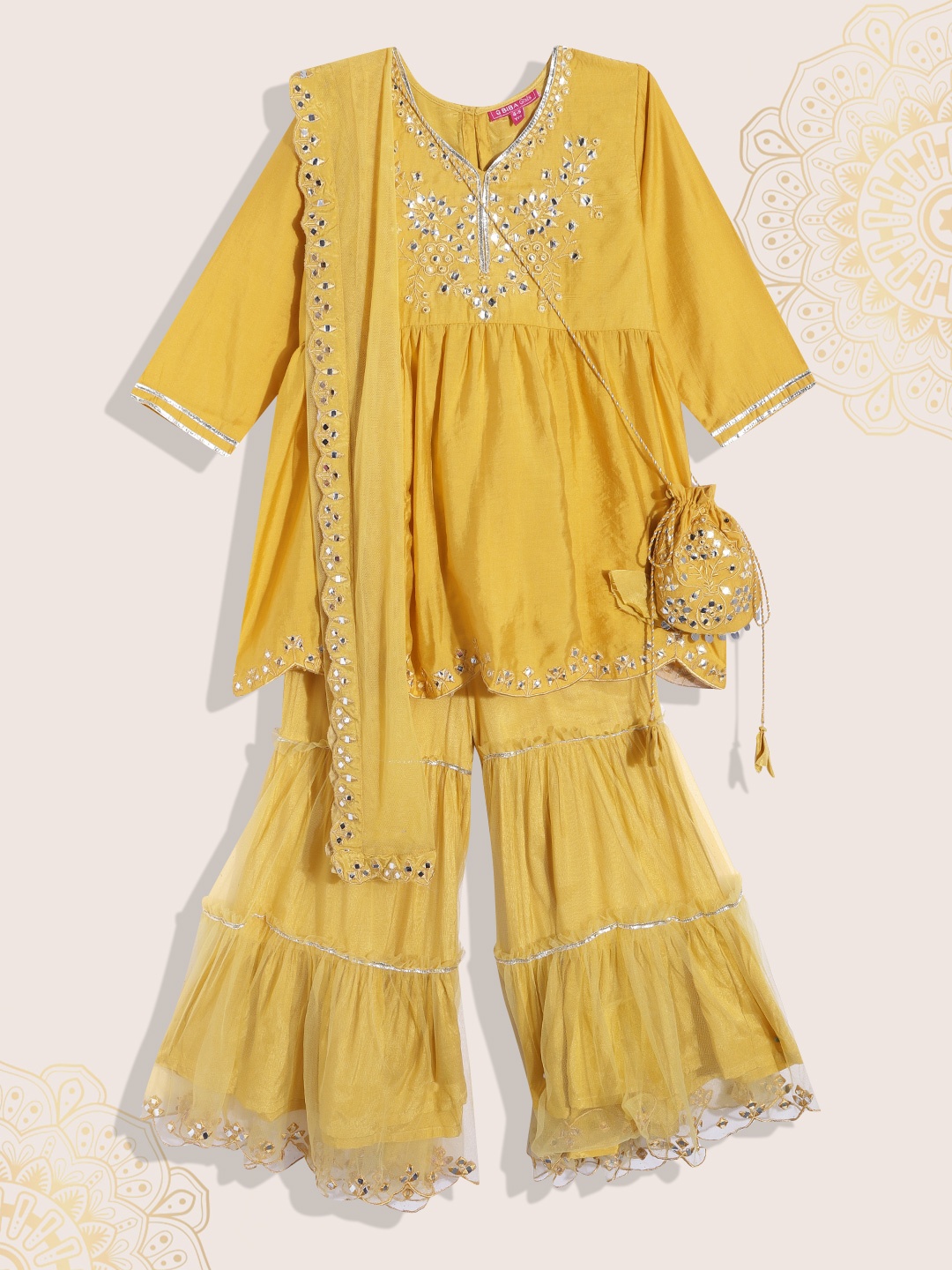 

Biba Girls Mustard Yellow Design Mirror Work A-Line Kurta Sharara Dupatta & Sling Bag