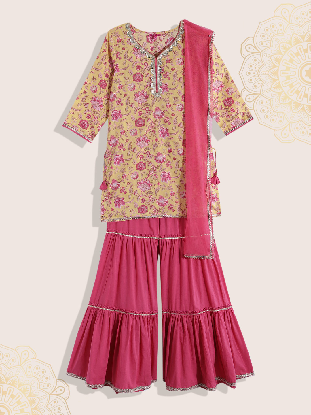 

Biba Girls Red Floral Printed Kurta with Sharara & With Dupatta, Yellow