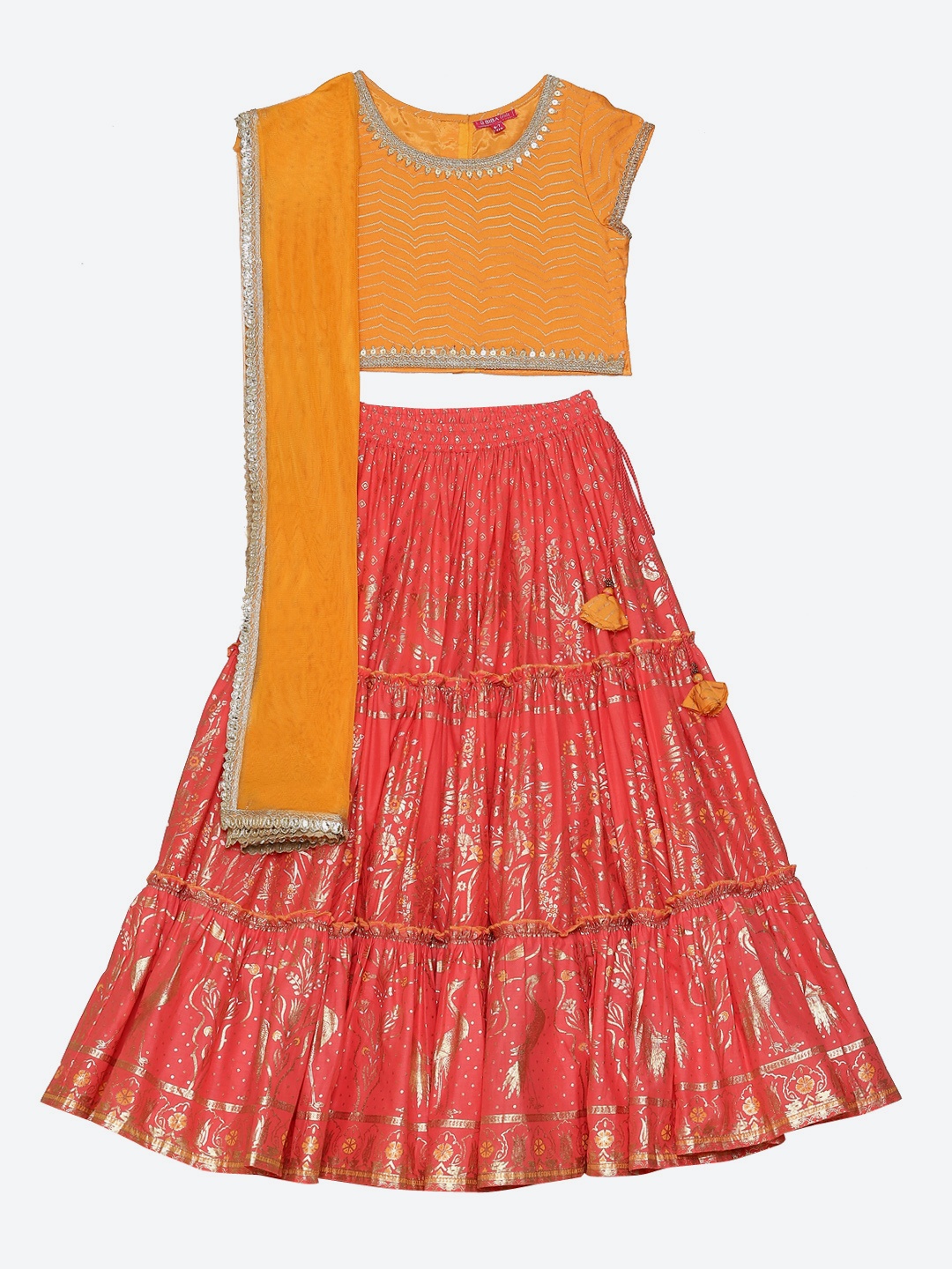 

Biba Girls Orange & Coral Ready to Wear Lehenga & Blouse With Dupatta