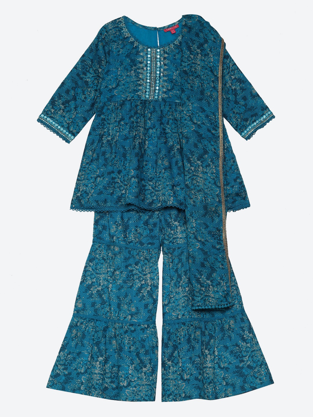 

Biba Girls Teal Floral Printed Pleated Mirror Work Kurta with Sharara & With Dupatta