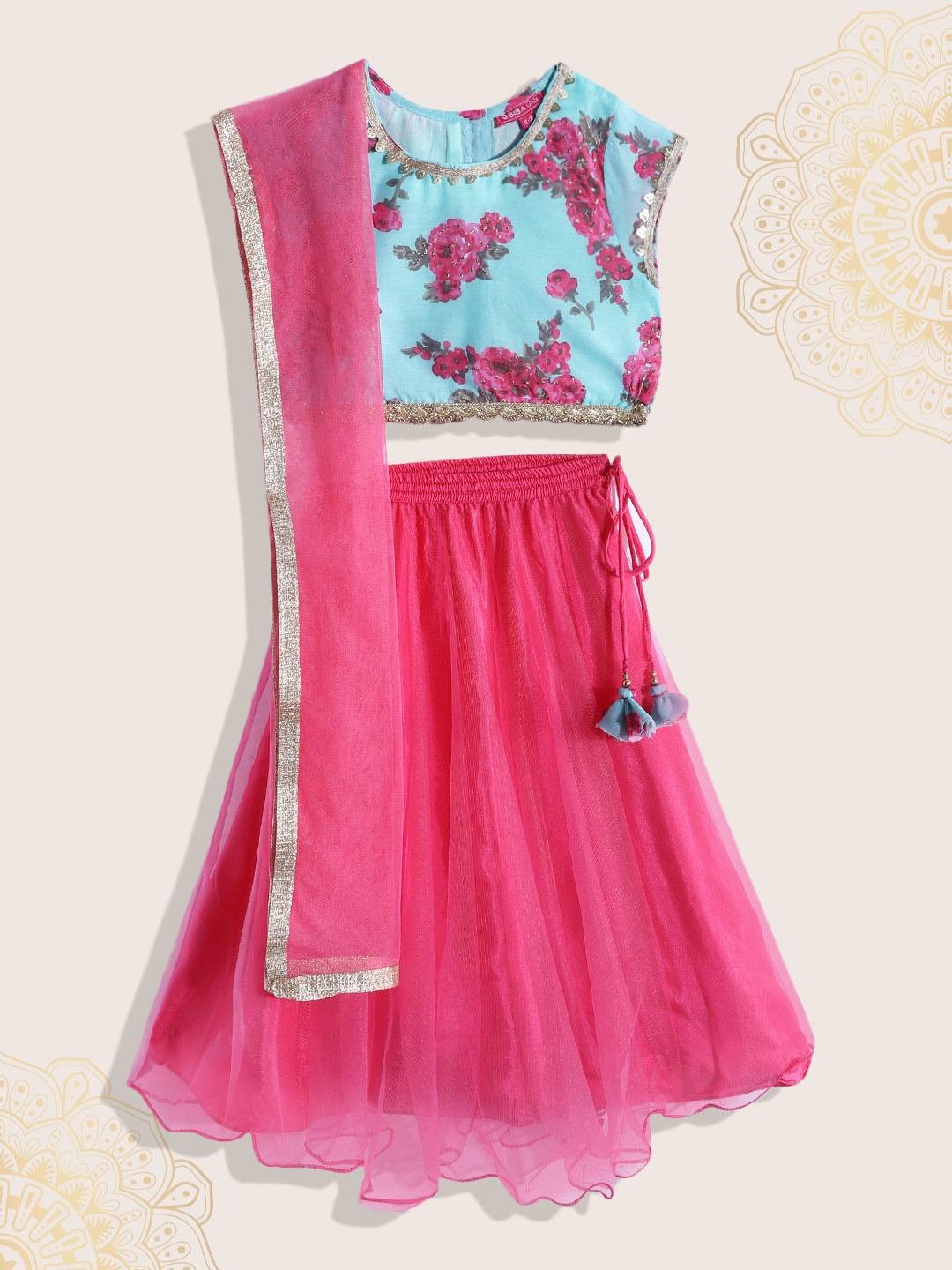 

Biba Girls Pink & Blue Floral Printed Ready to Wear Lehenga & Blouse With Dupatta