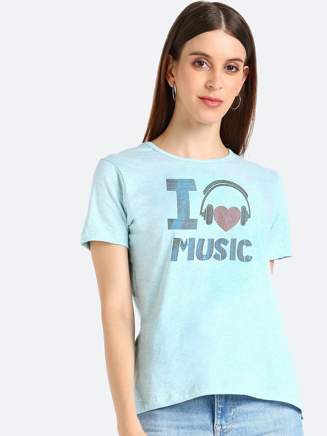 

shashvi Women Turquoise Blue Typography Printed Embellished T-shirt