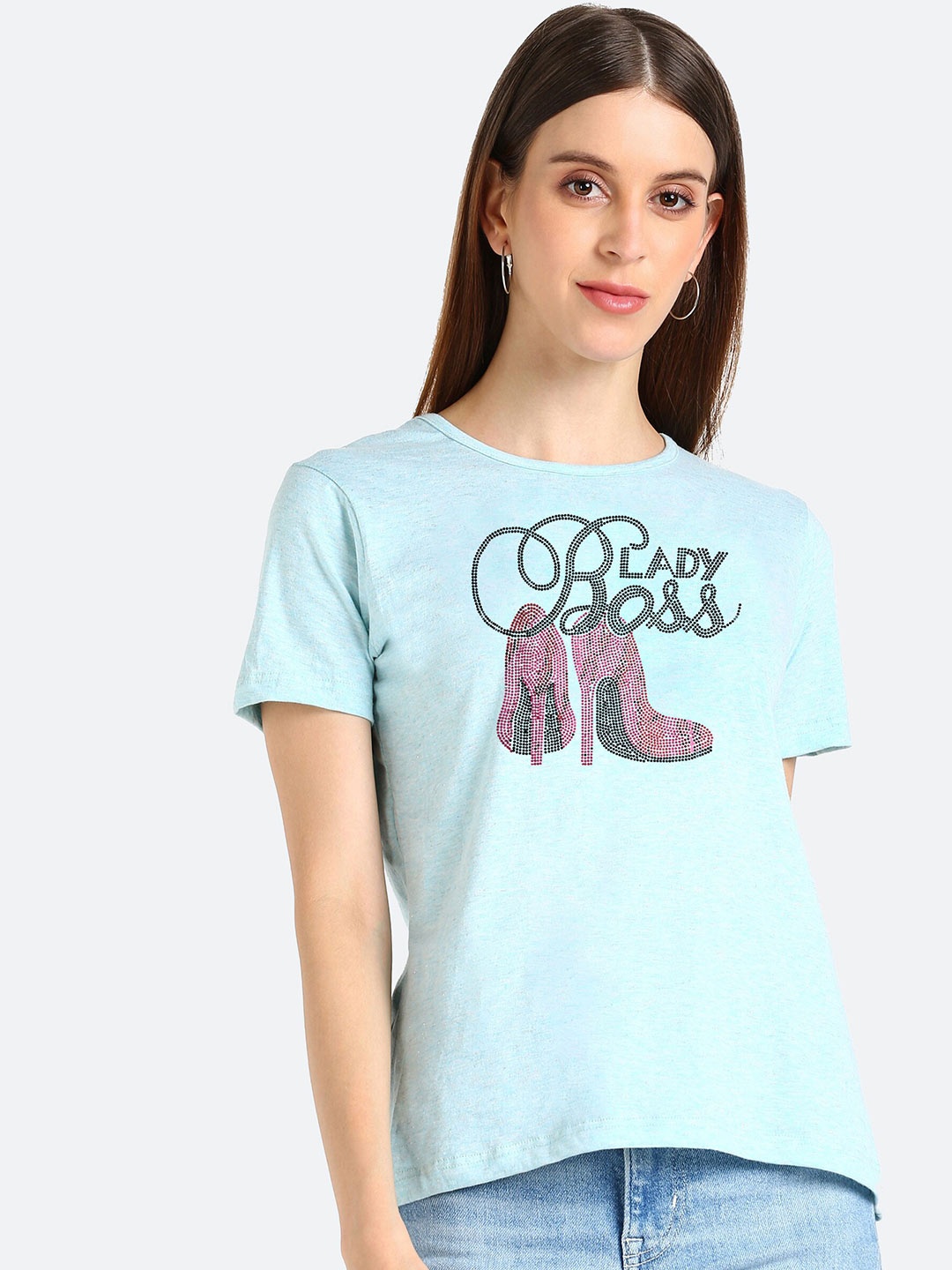 

shashvi Women Turquoise Blue Typography Printed T-shirt