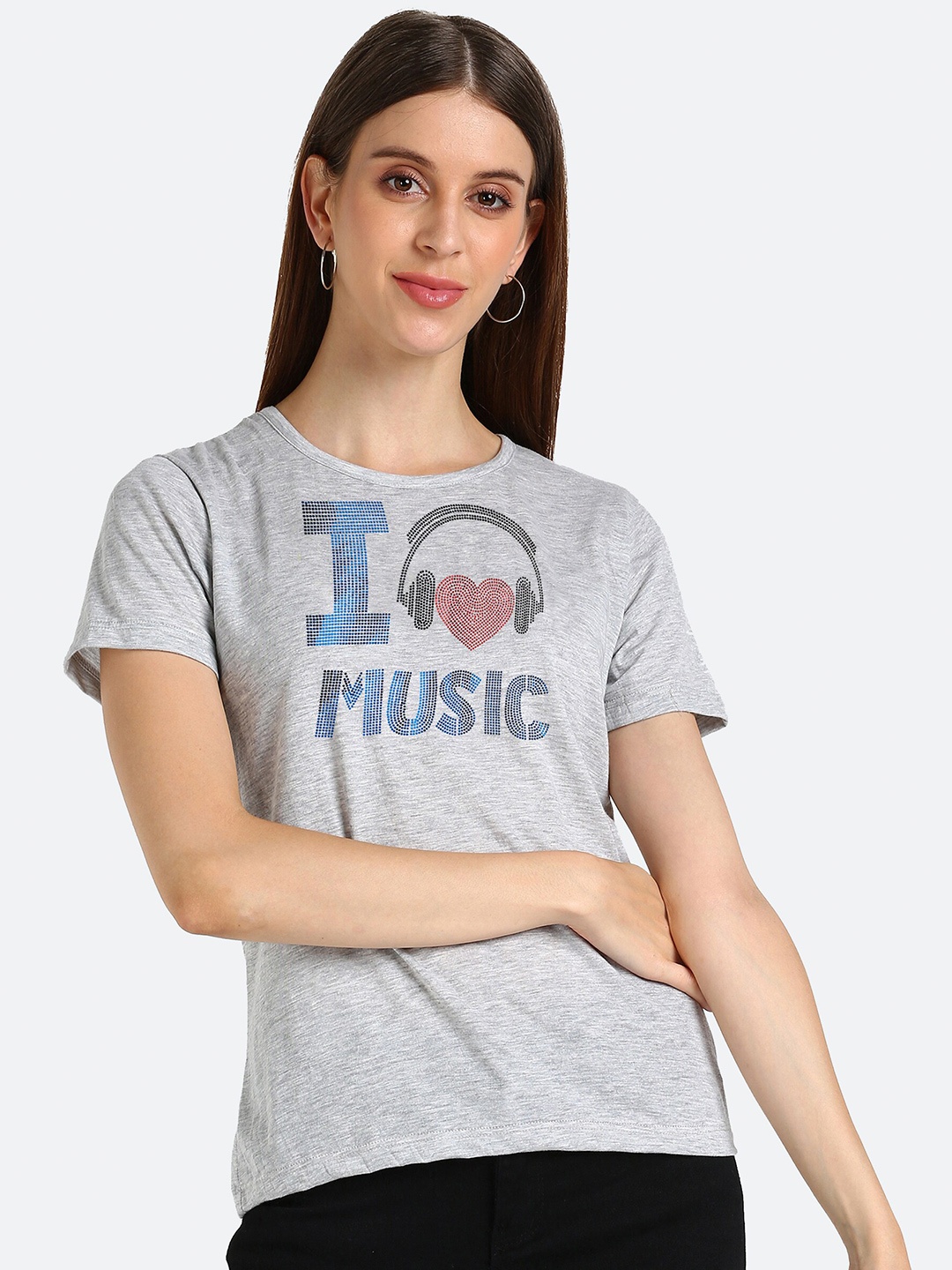 

shashvi Women Grey & Blue Typography Printed T-shirt