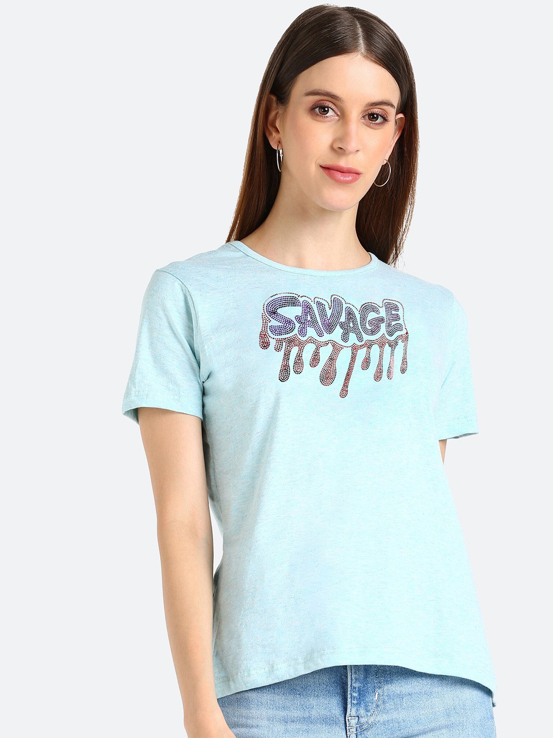 

shashvi Women Turquoise Blue Cotton Embellished T-shirt