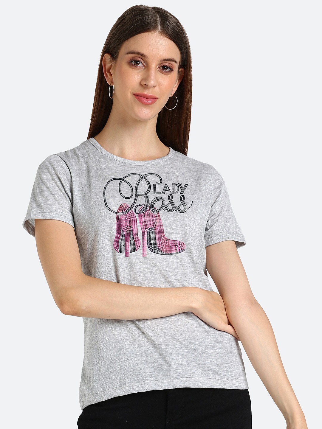 

shashvi Women Grey Melange Typography Embellished Printed T-shirt