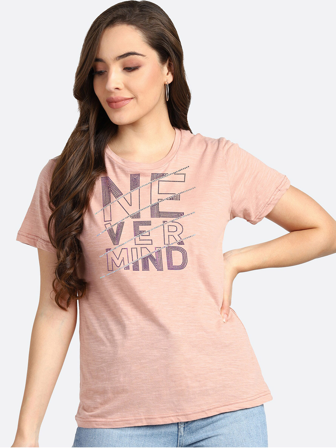 

shashvi Women Peach-Coloured Typography Printed T-shirt
