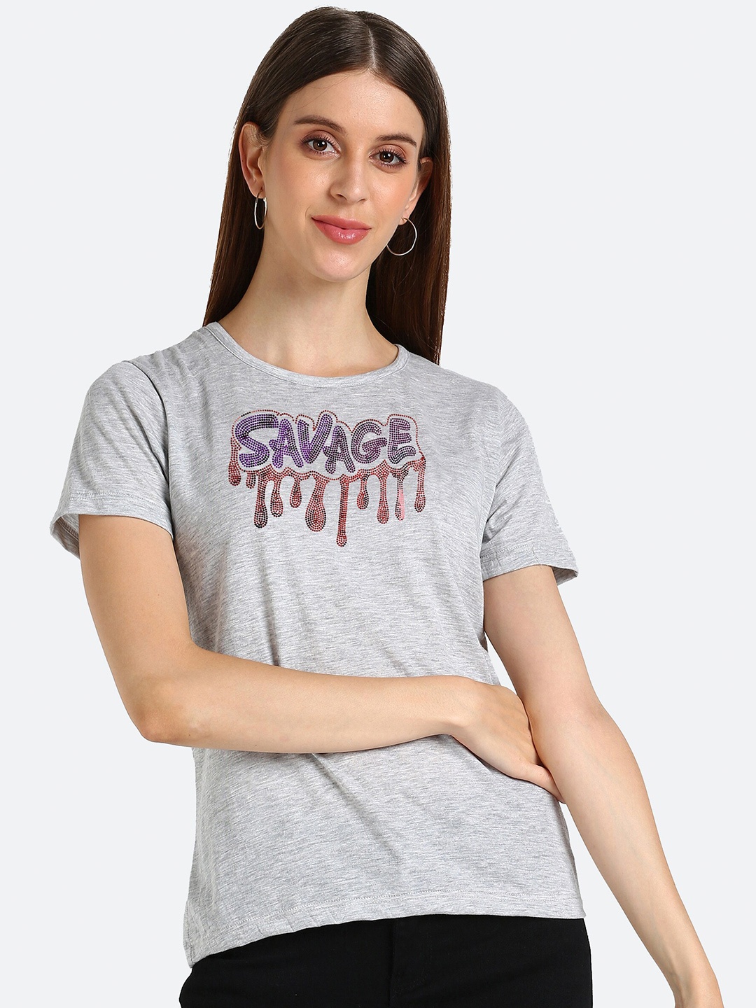 

shashvi Women Grey Melange Typography Printed T-shirt