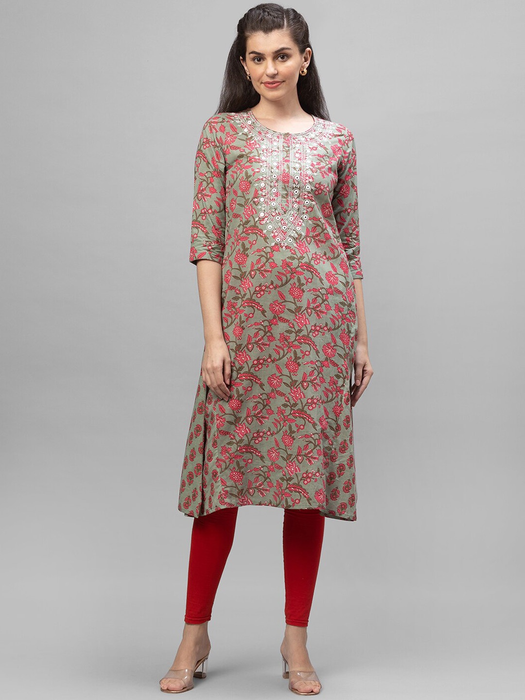 

Globus Women Green & Coral Cotton Floral Printed and Yoke Thread Work A-Line Kurta