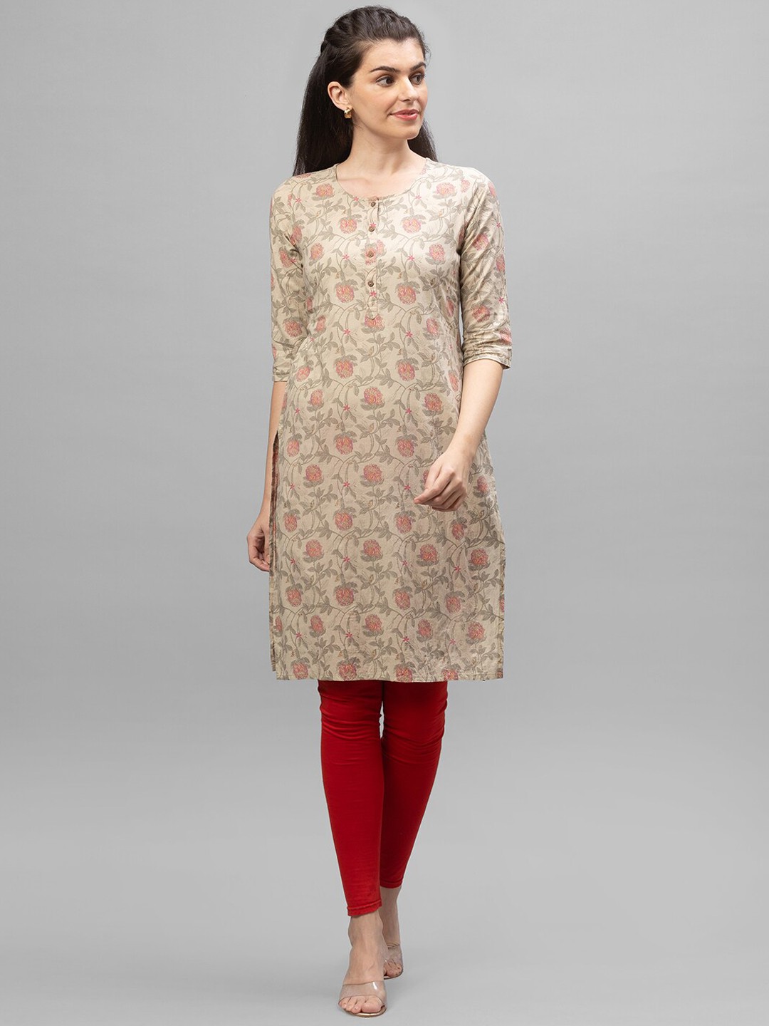 

Globus Women Beige Floral Printed Pure Cotton Kurta