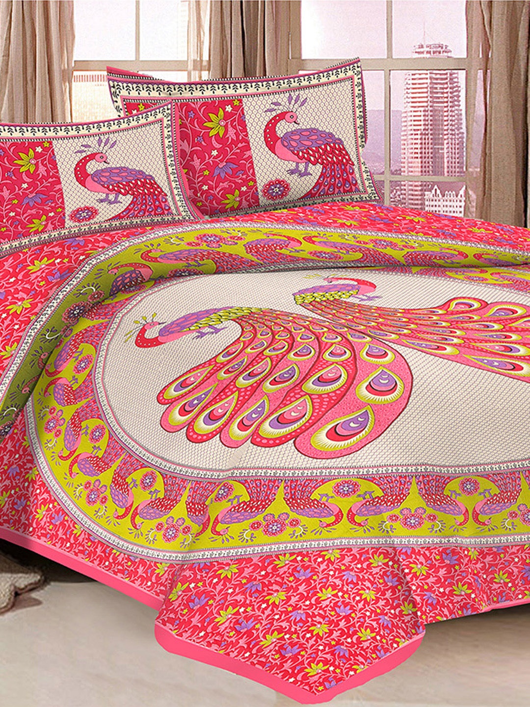 

Urban Magic Brown & Pink Ethnic Motifs 104 TC Queen Bedsheet with 2 Pillow Covers