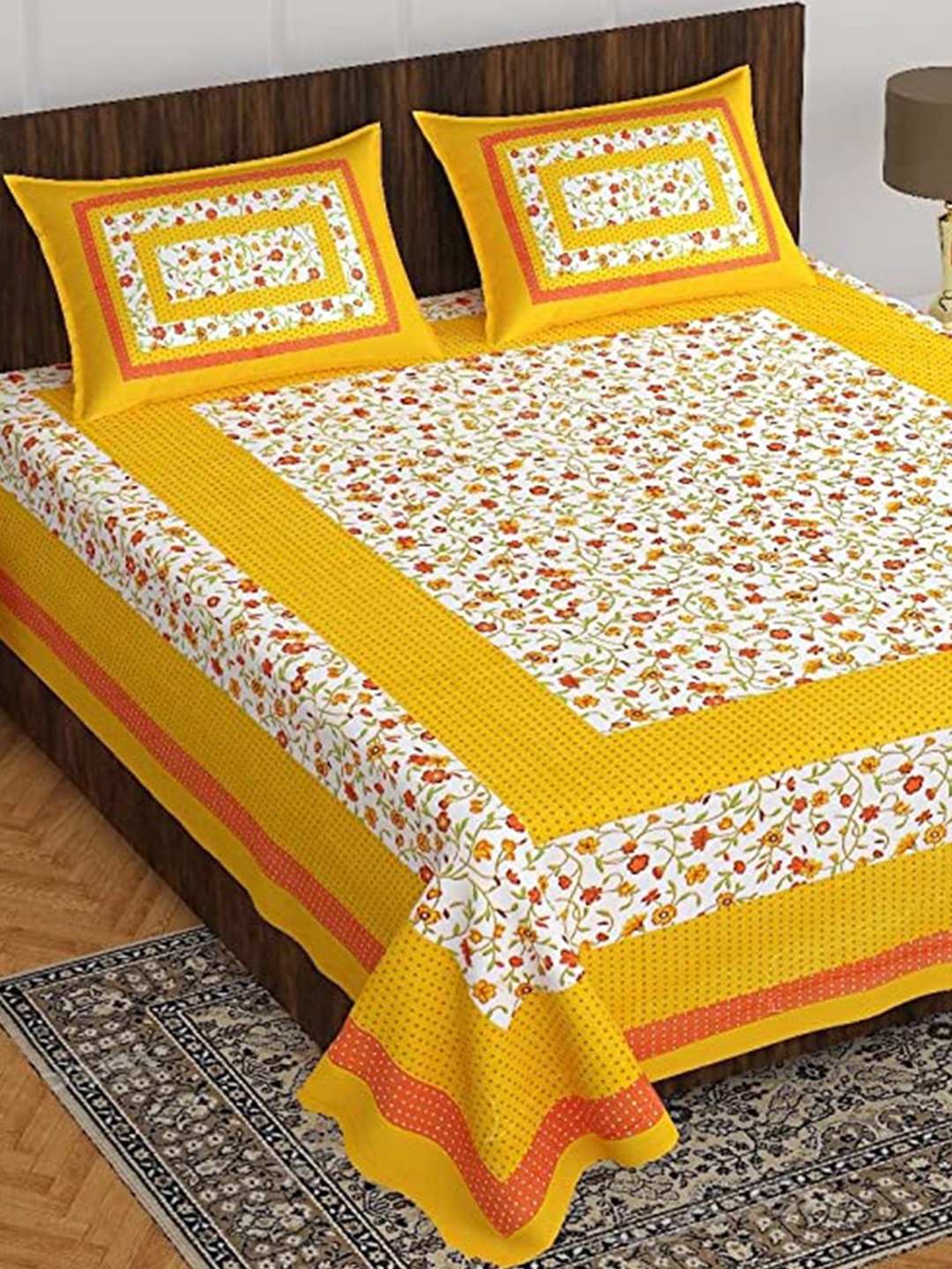 

Urban Magic Green & Mustard Floral 104 TC Queen Bedsheet with 2 Pillow Covers