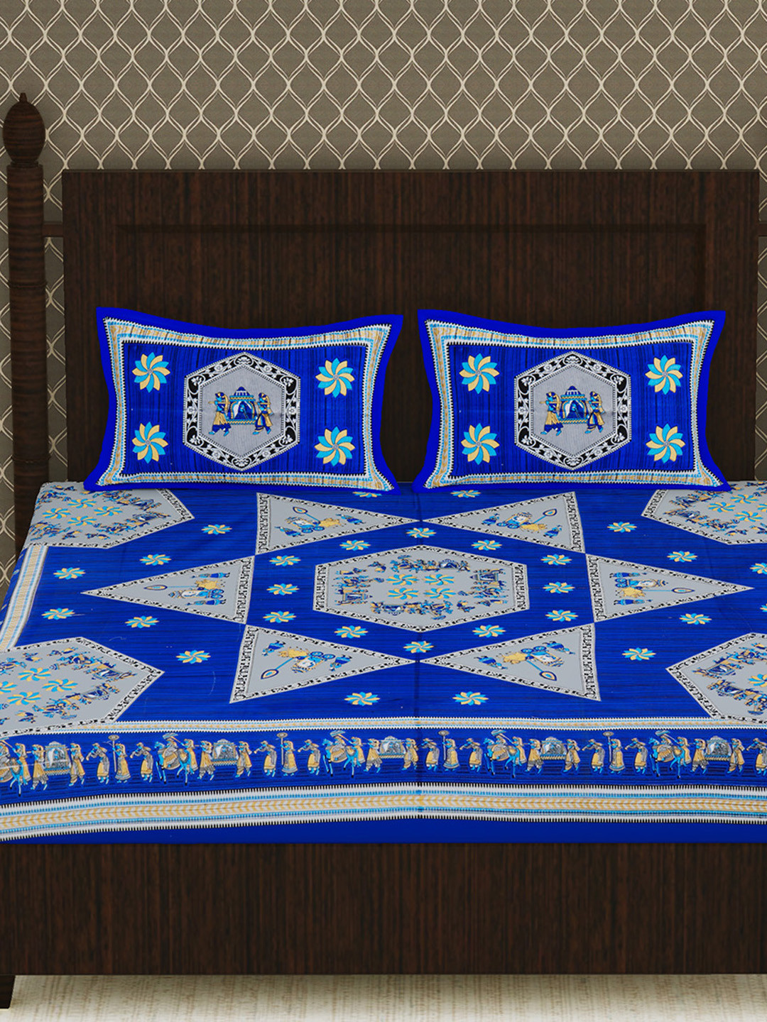

Urban Magic Unisex Blue 104 TC Cotton Double Printed Bedsheet With 2 Pillow Covers