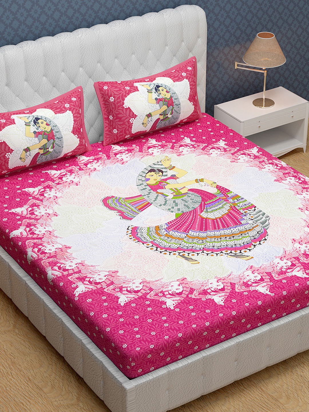 

Urban Magic White & Pink Ethnic Motifs Cotton 104 TC Queen Bedsheet With 2 Pillow Covers