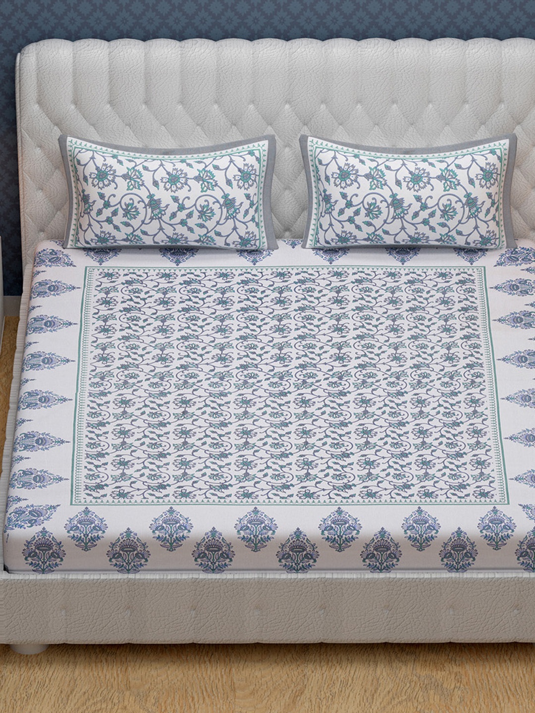 

Urban Magic Green & White Floral 104 TC Queen Bedsheet with 2 Pillow Covers