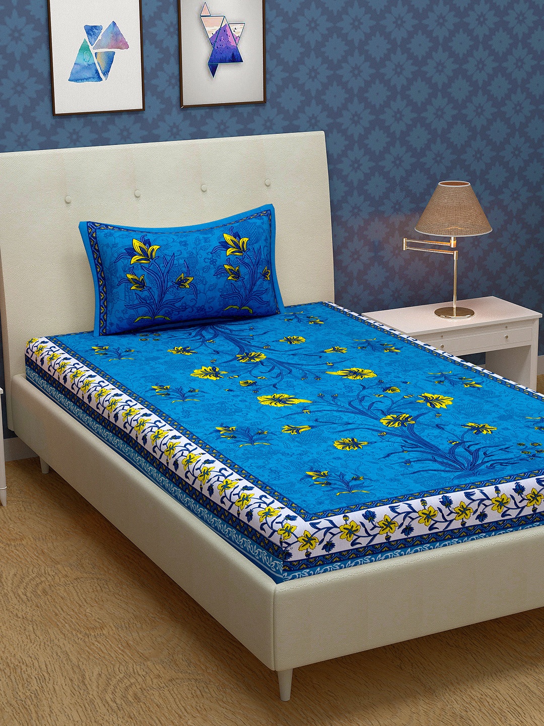 

Urban Magic Blue & Mustard Floral 104 TC Single Bedsheet with 1 Pillow Cover