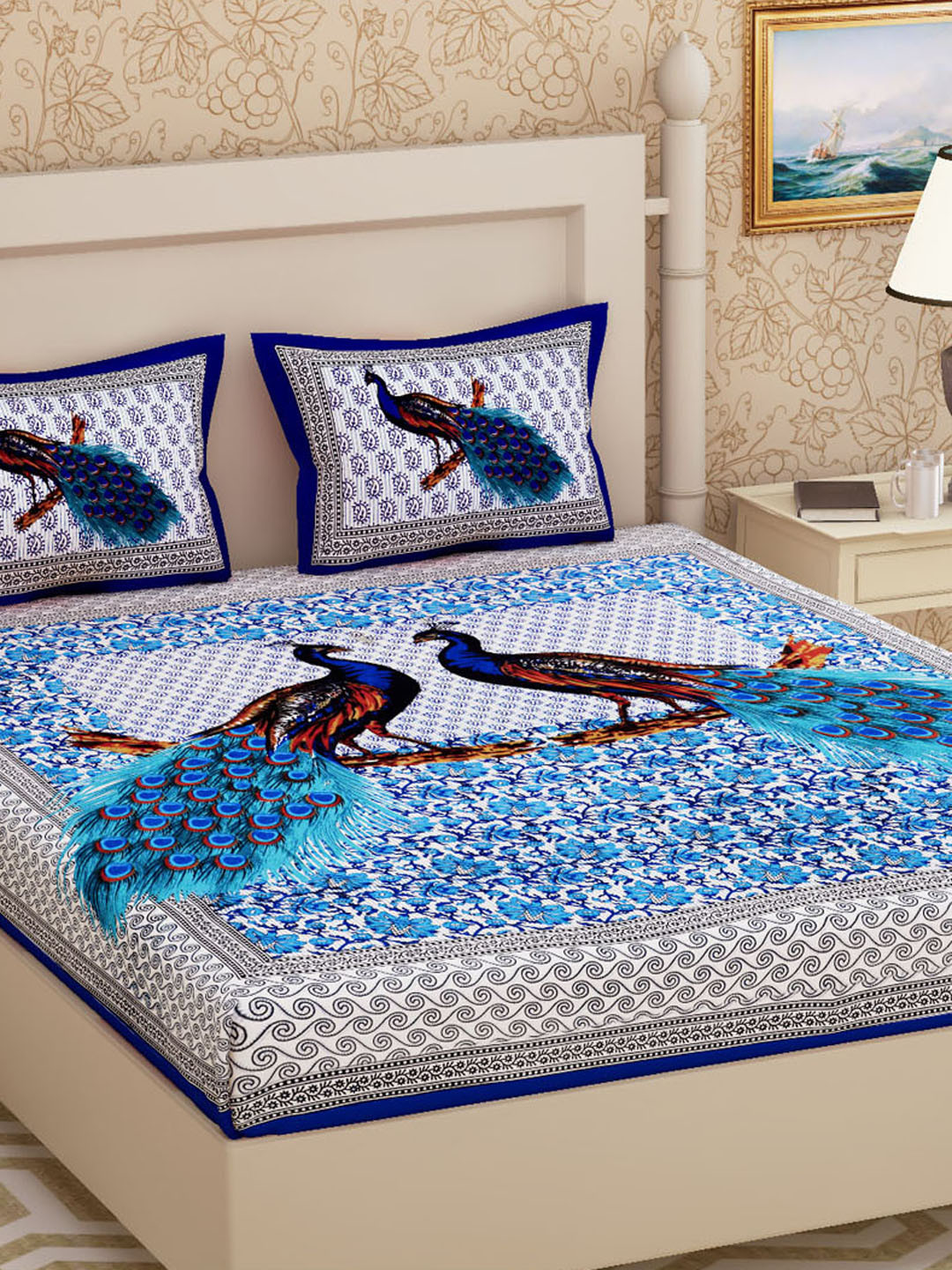 

Urban Magic Blue & White Ethnic Motifs 104 TC Queen Bedsheet with 2 Pillow Covers