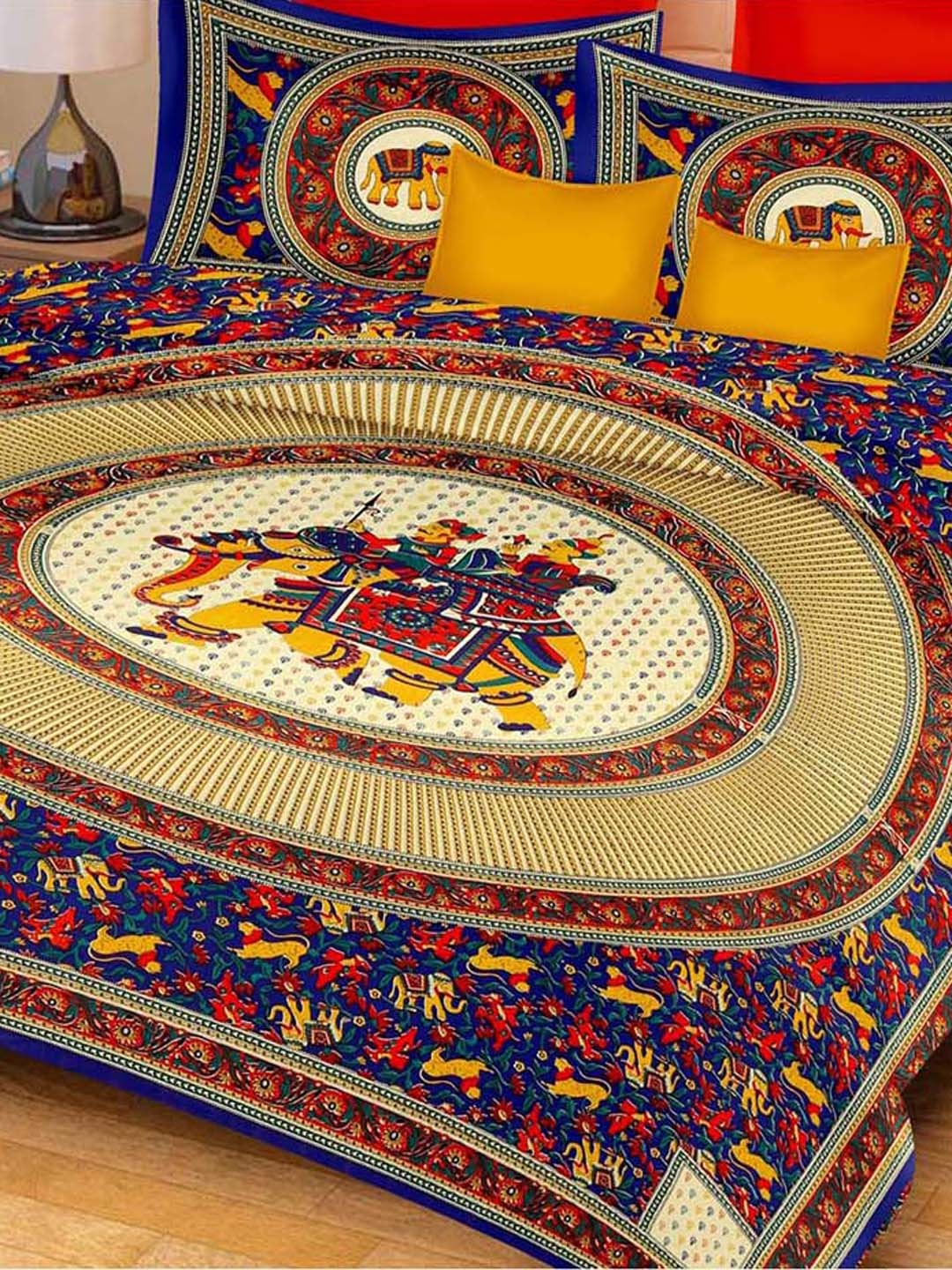

Urban Magic Blue & Yellow Ethnic Motifs 104 TC Queen Bedsheet with 2 Pillow Covers