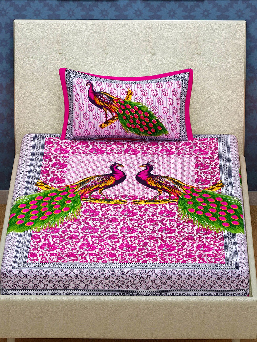 

Urban Magic Pink & Green Ethnic Motifs 104 TC Single Bedsheet with 1 Pillow Covers