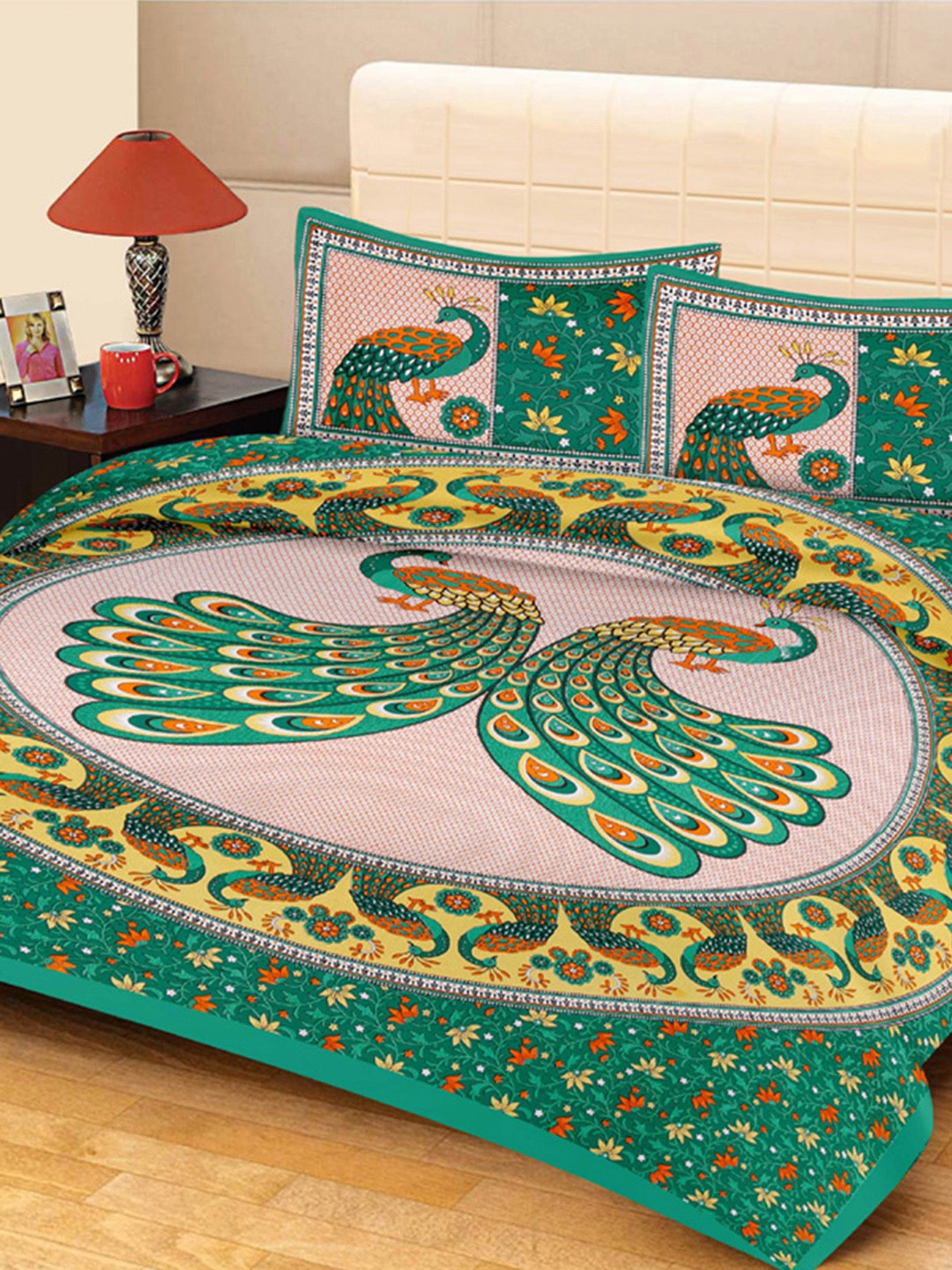 

Urban Magic Green & Pink Ethnic Motifs 104 TC Queen Bedsheet with 2 Pillow Covers