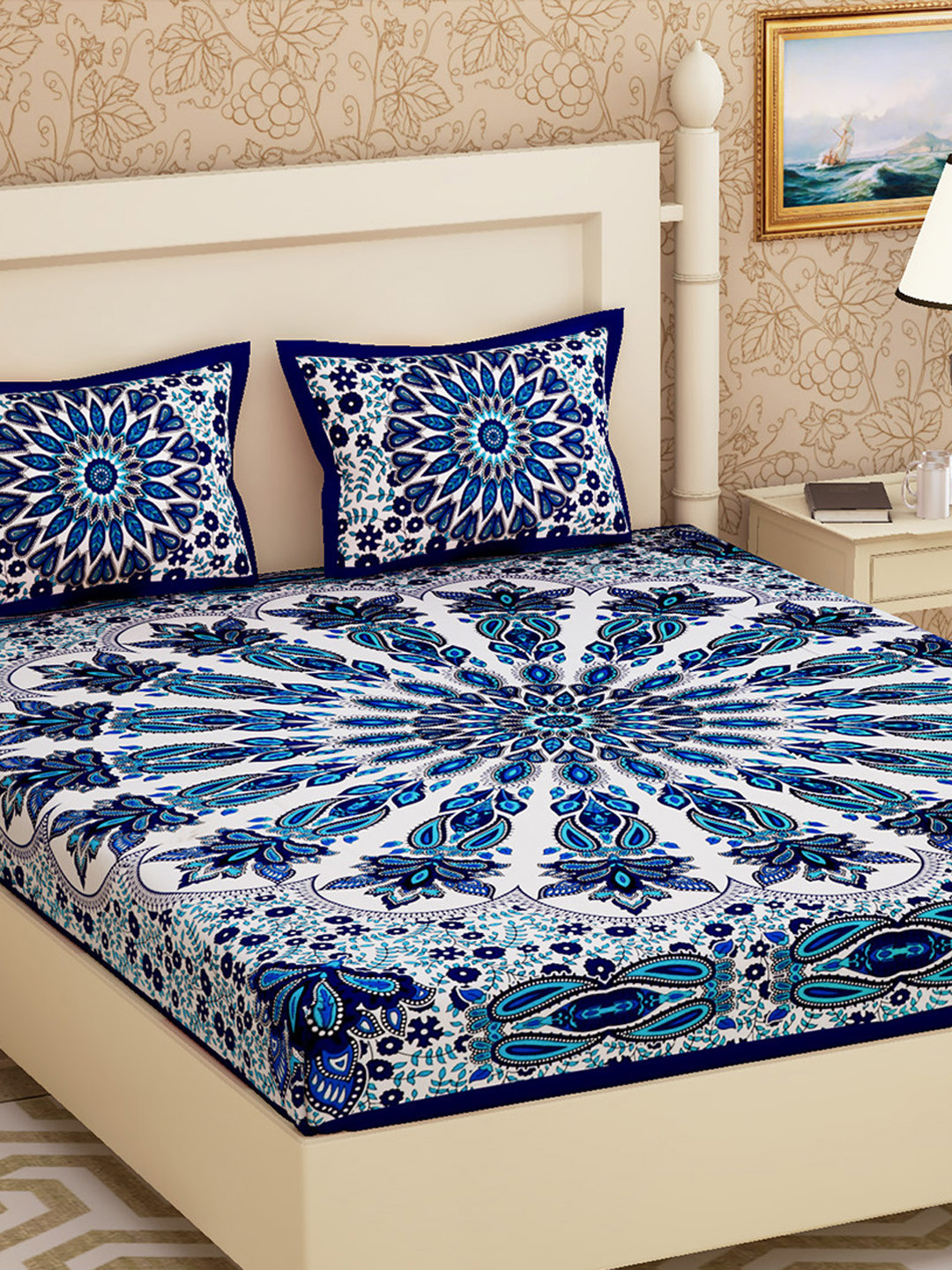 

Urban Magic Beige & White Ethnic Motifs 104 TC Cotton Queen Bedsheet with 2 Pillow Covers