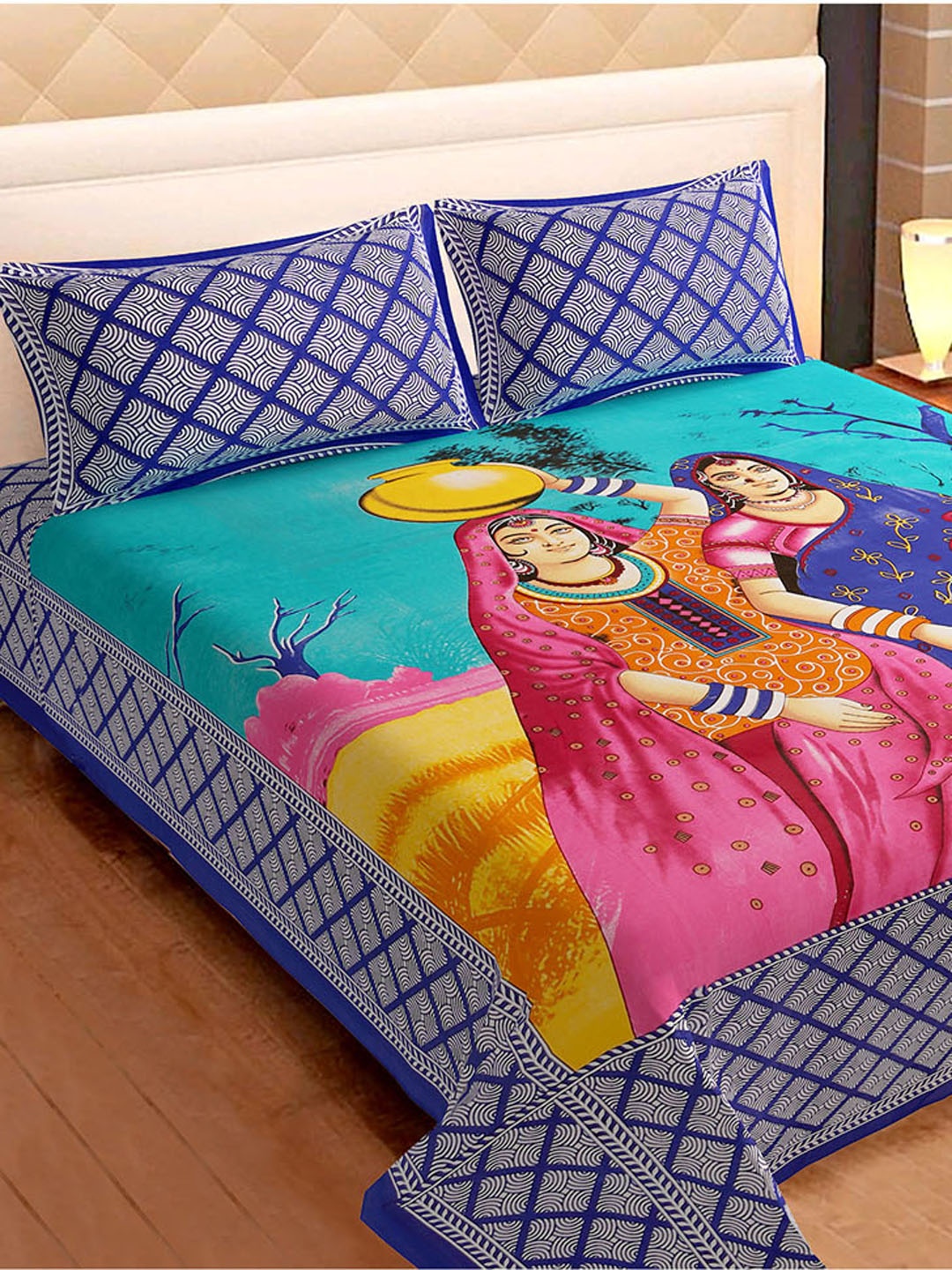 

Urban Magic Blue & Red Cartoon Characters 104 TC Queen Bedsheet with 2 Pillow Covers