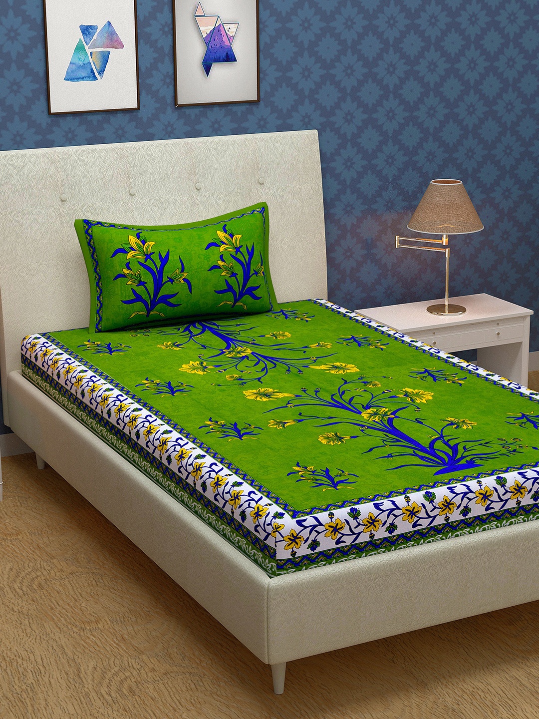

Urban Magic Green & Blue Floral 104 TC Single Bedsheet with 1 Pillow Covers