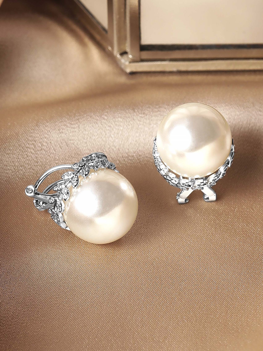 

Rubans Silver Plated Big Pearl & Cubic Zirconia Studded Classic Oversize Stud Earrings, White