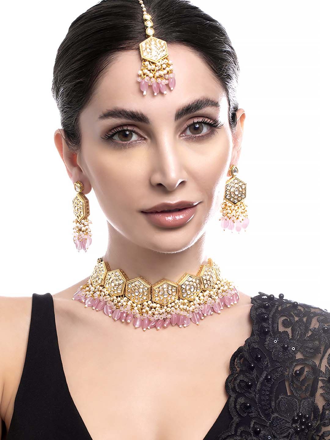 

Rubans Gold-Plated White & Pink Kundan Studded & Beaded Jewellery Set