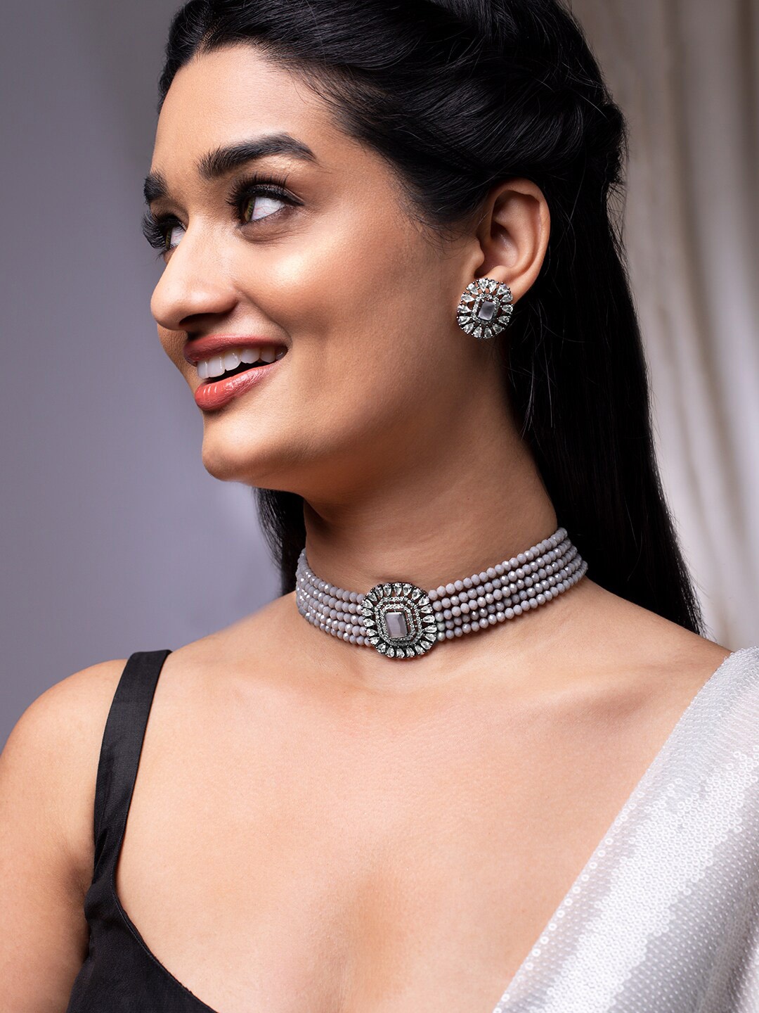 

Rubans Silver-Plated Silver Toned Kundan Studded Jewellery Set