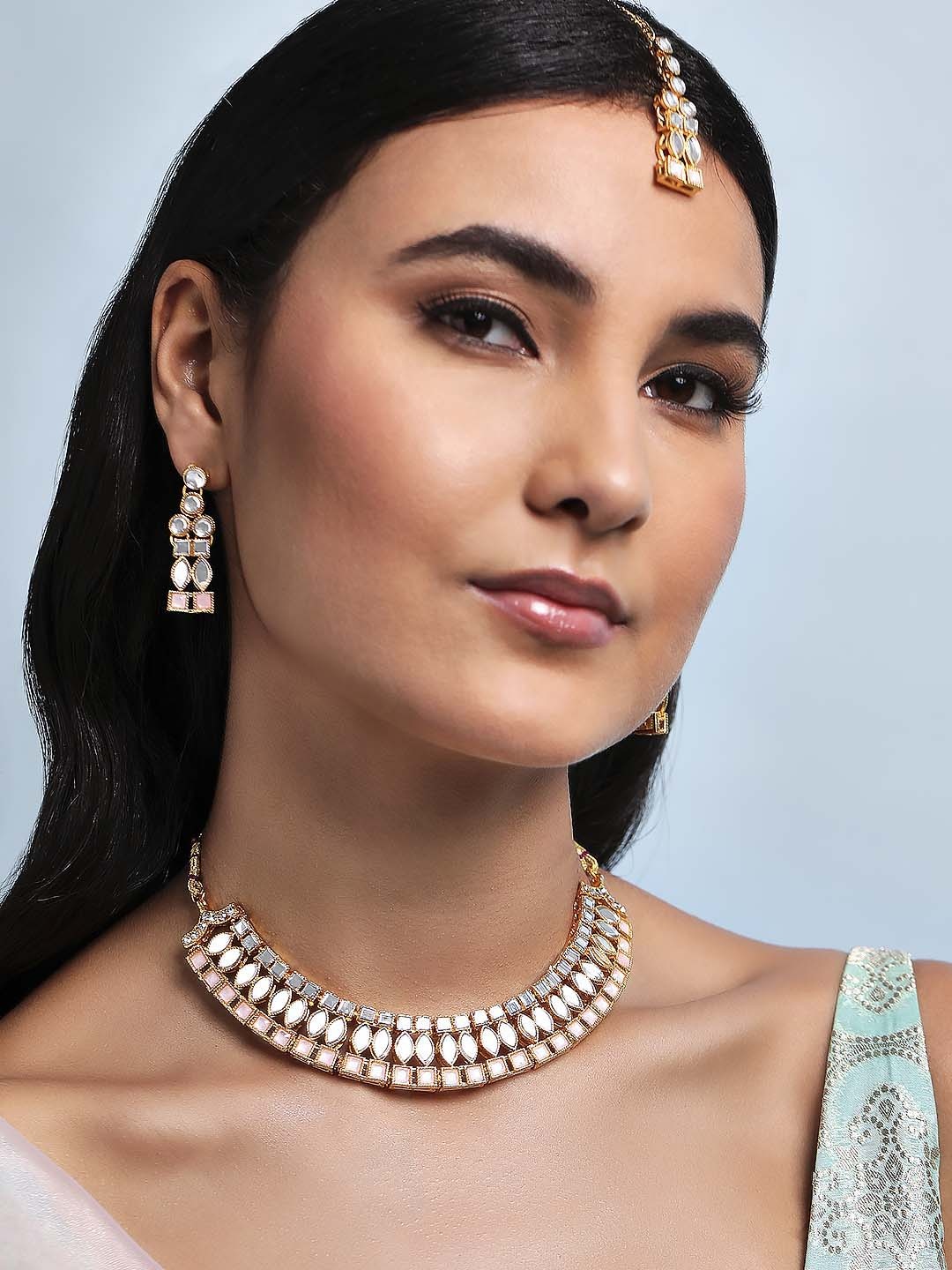 

Rubans 18K Gold-Plated White & Pink Stone Studded Mirror Design Jewellery Set
