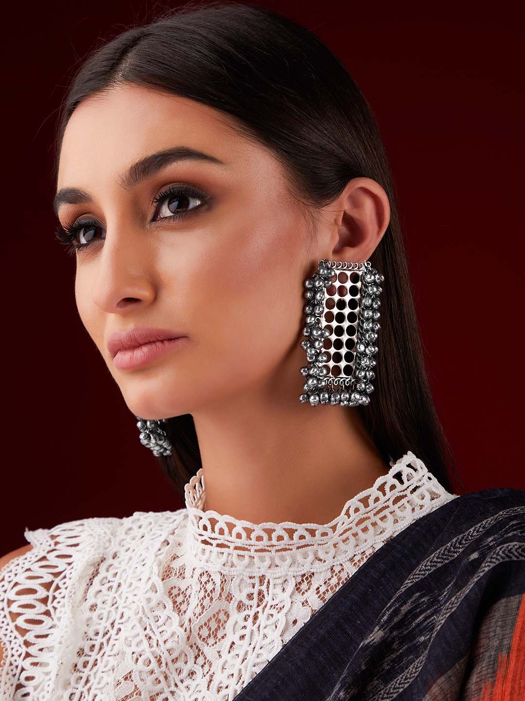 

Rubans Silver-Toned Geometric Drop Earrings