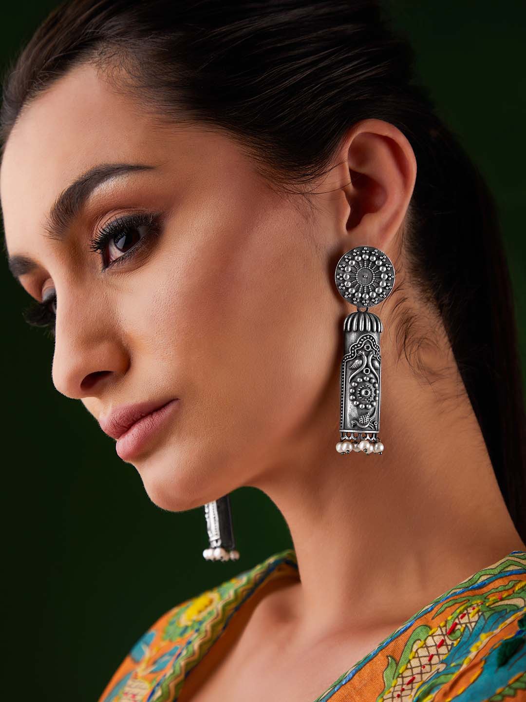 

Rubans Oxidized Silver-Plated Statement Dangler Earrings with Pearl Drops