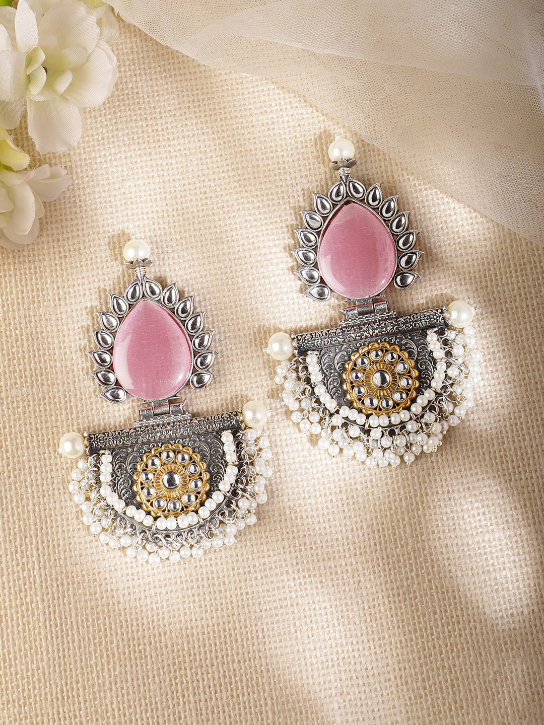 

Rubans Silver-Toned & Pink Classic Drop Earrings