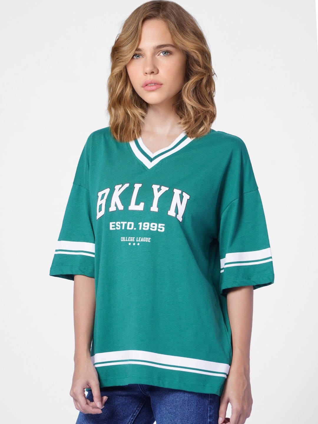

ONLY Women Green Typography Printed V-Neck Drop-Shoulder Sleeves Loose T-shirt
