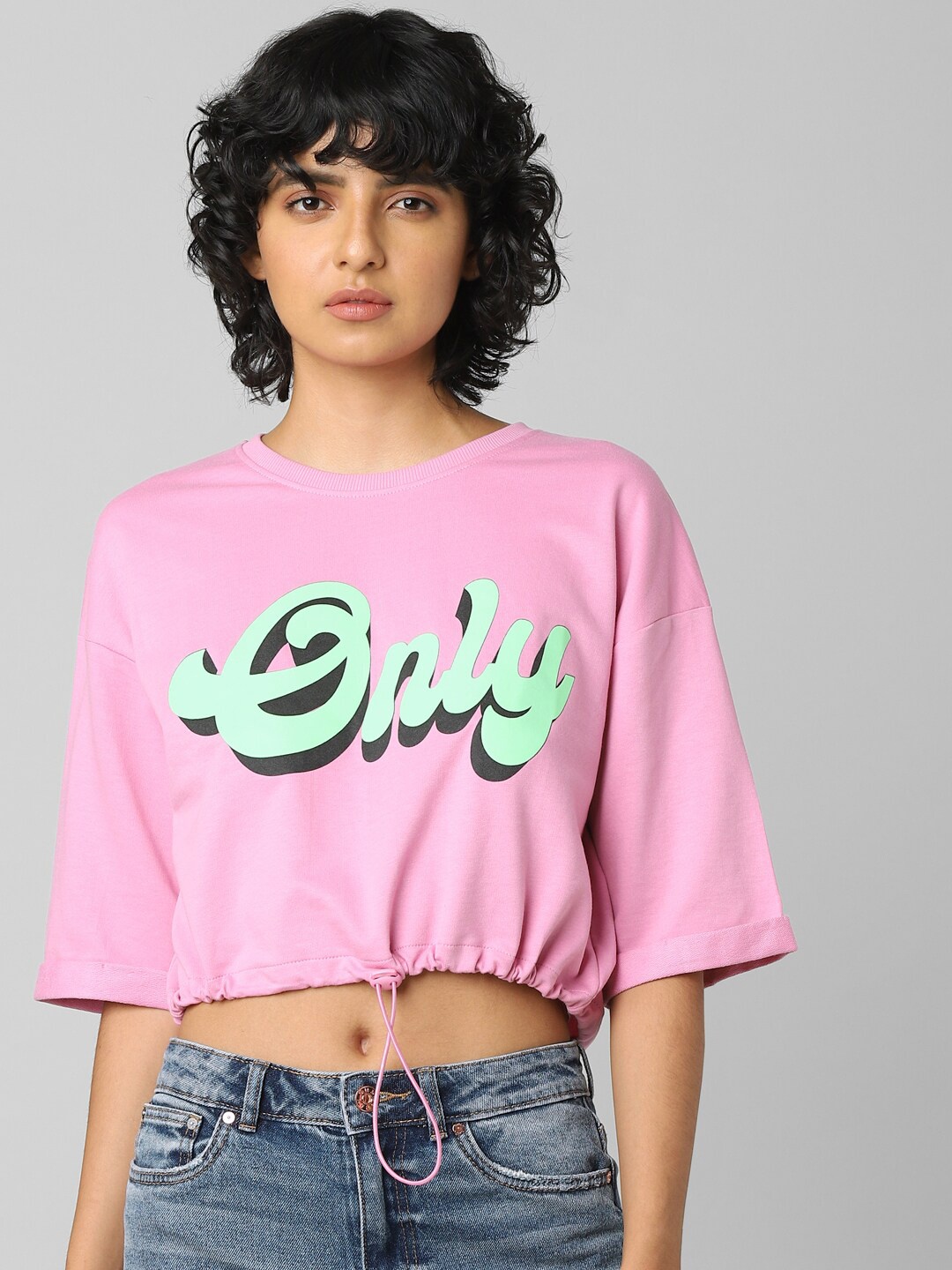

ONLY Women Pink Printed Drop-Shoulder Sleeves T-shirt