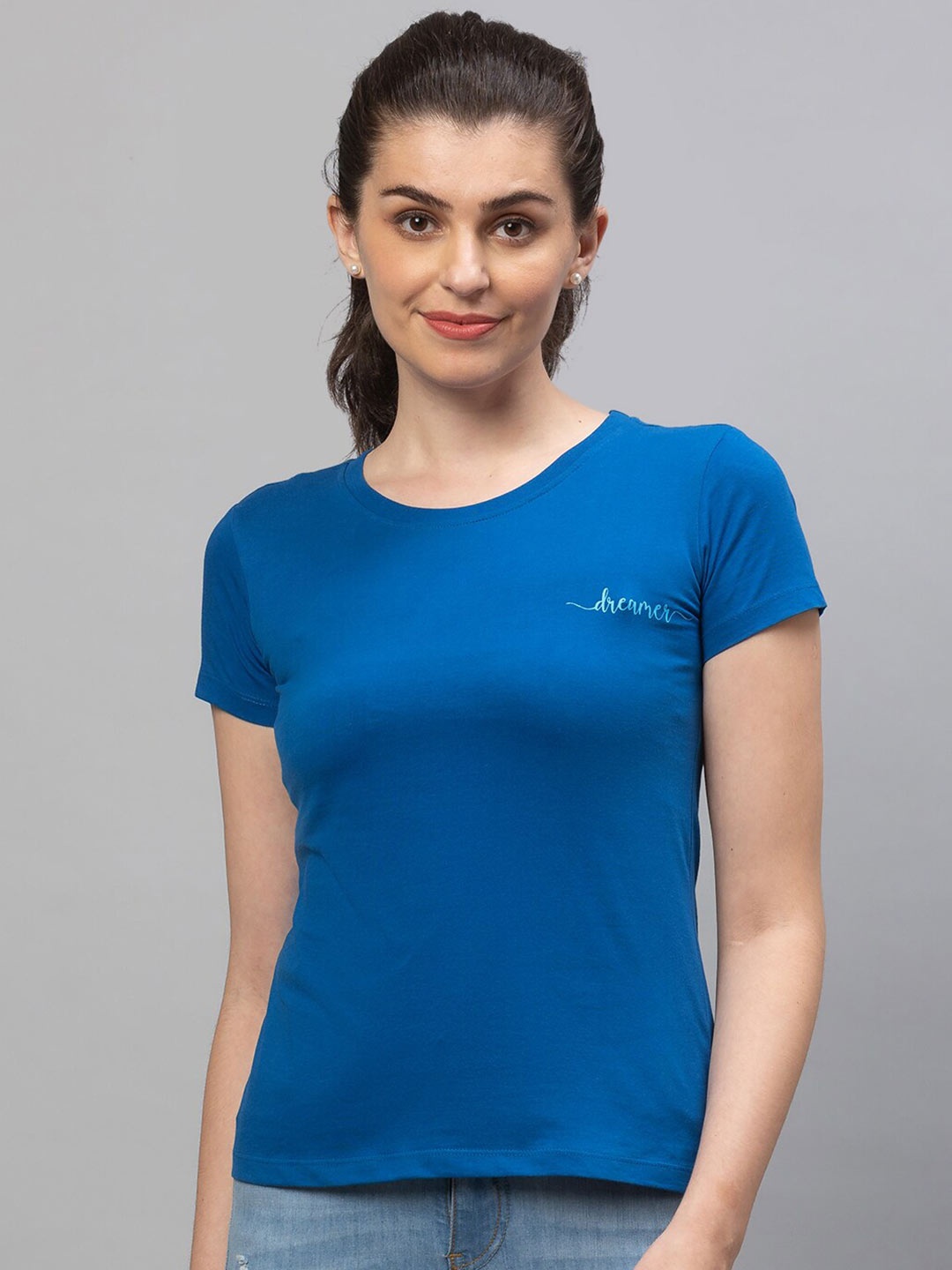 

Globus Women Blue Solid Cotton T-shirt