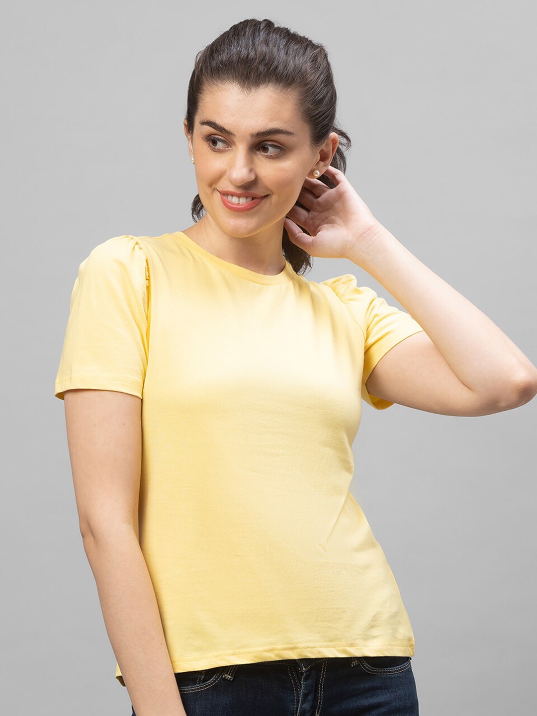 

Globus Women Yellow Solid Pure Cotton T-shirt