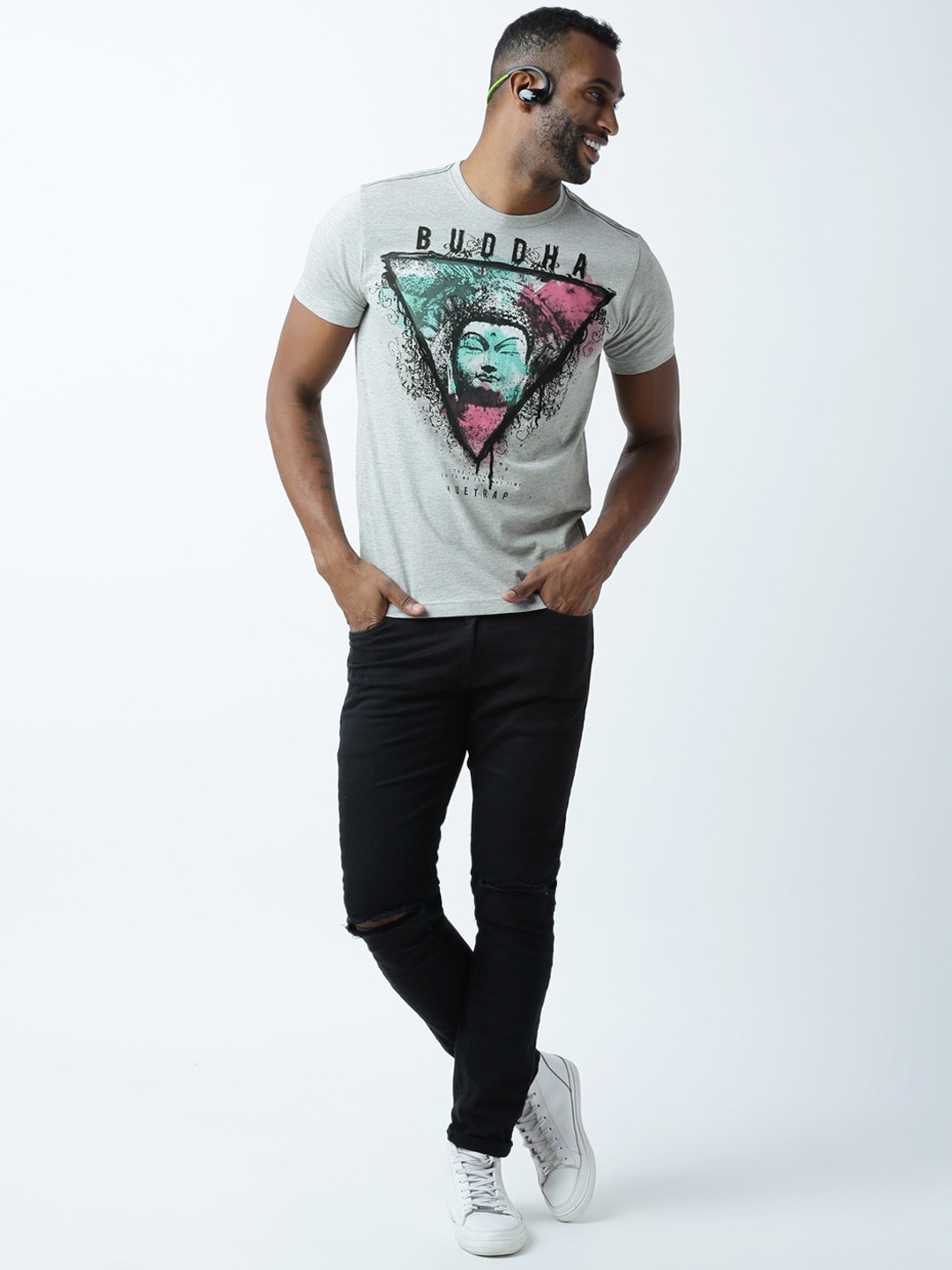 

Huetrap Men Grey Melange Printed Regular Fit Round Neck T-shirt
