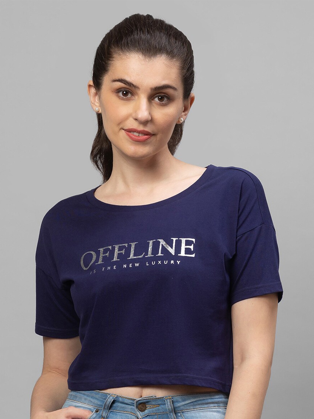 

Globus Women Blue Typography Printed Drop-Shoulder Sleeves Cotton T-shirt
