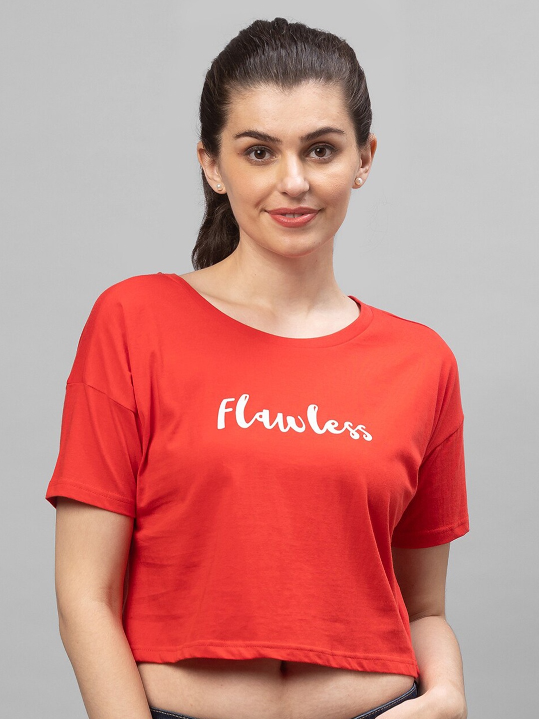 

Globus Women Red Typography Printed Cotton Drop-Shoulder Sleeves Boxy T-shirt