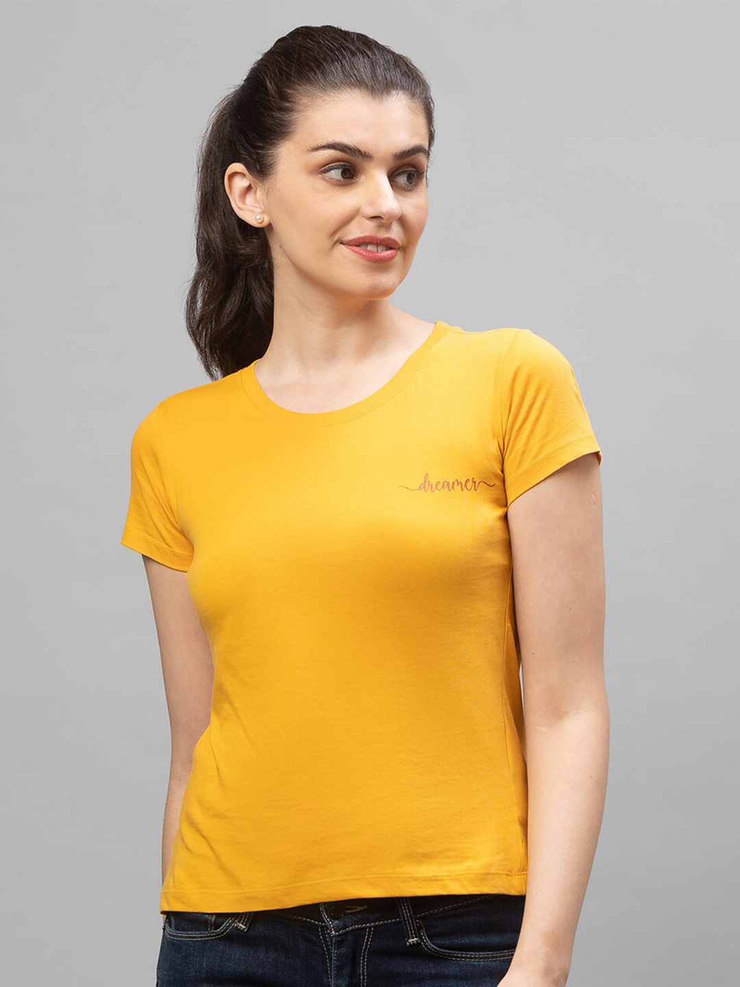 

Globus Women Yellow Solid Cotton T-shirt