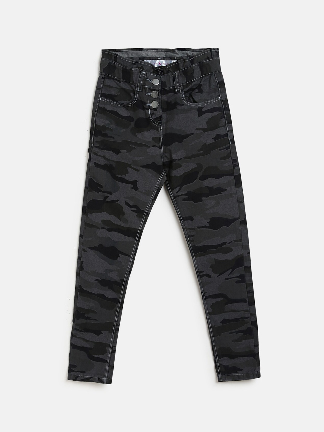 

TALES & STORIES Girls Grey and Black Camouflage Printed Slim Fit Trouser