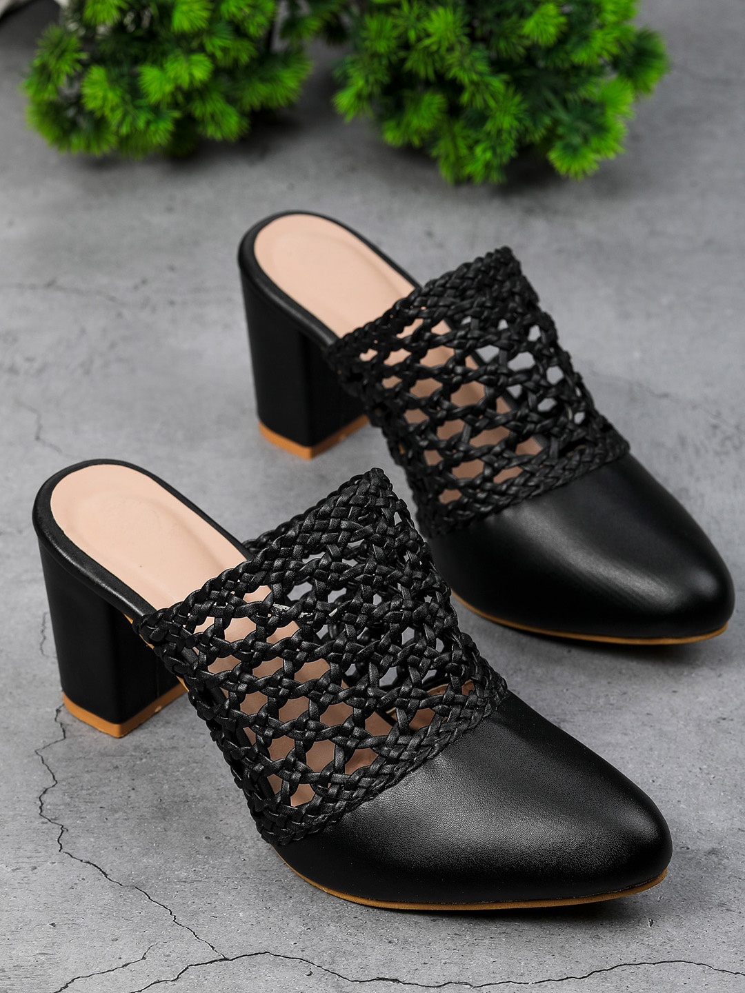 

Luv Byt Women Black Solid Leather Party Block Mules