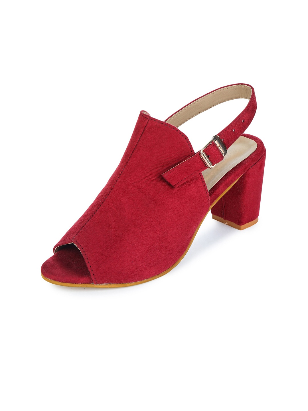 

Luv Byt Women Red Suede Party Block Peep Toes with Buckles