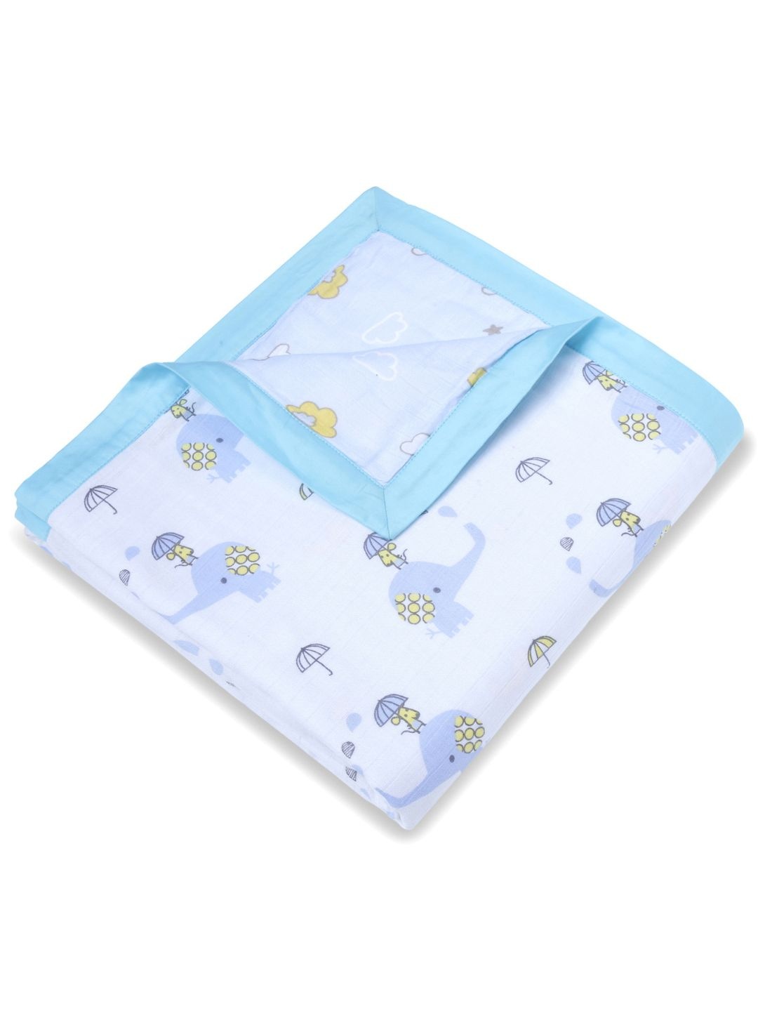 

My Milestones Infants Set Of 3 Blue & White Clouds & Elephant Pure Cotton Muslin Blanket, Multi