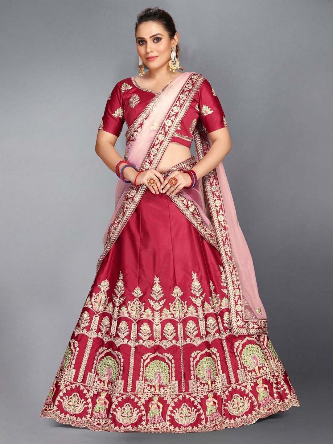 

Monrav Red & Gold-Toned Embroidered Semi-Stitched Lehenga & Unstitched Blouse With Dupatta