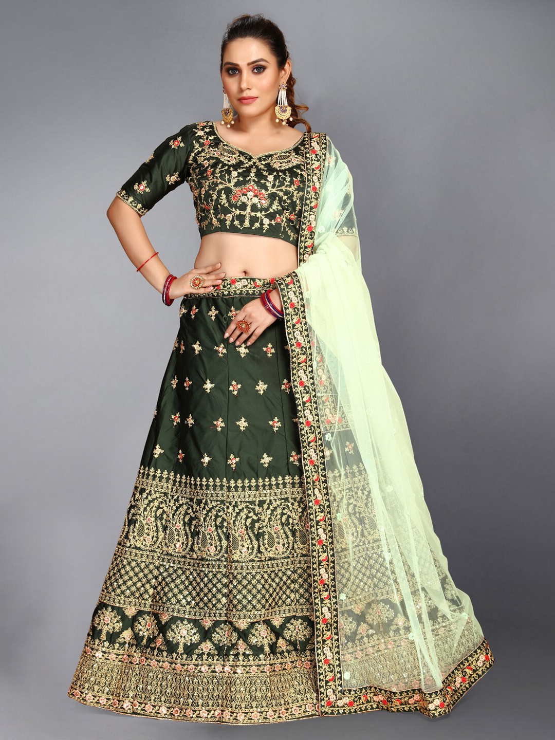 

Monrav Green & Gold-Toned Embroidered Semi-Stitched Lehenga & Unstitched Blouse With Dupatta