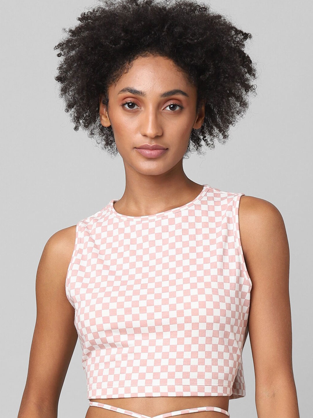 

ONLY Pink Women Checked Crop Top