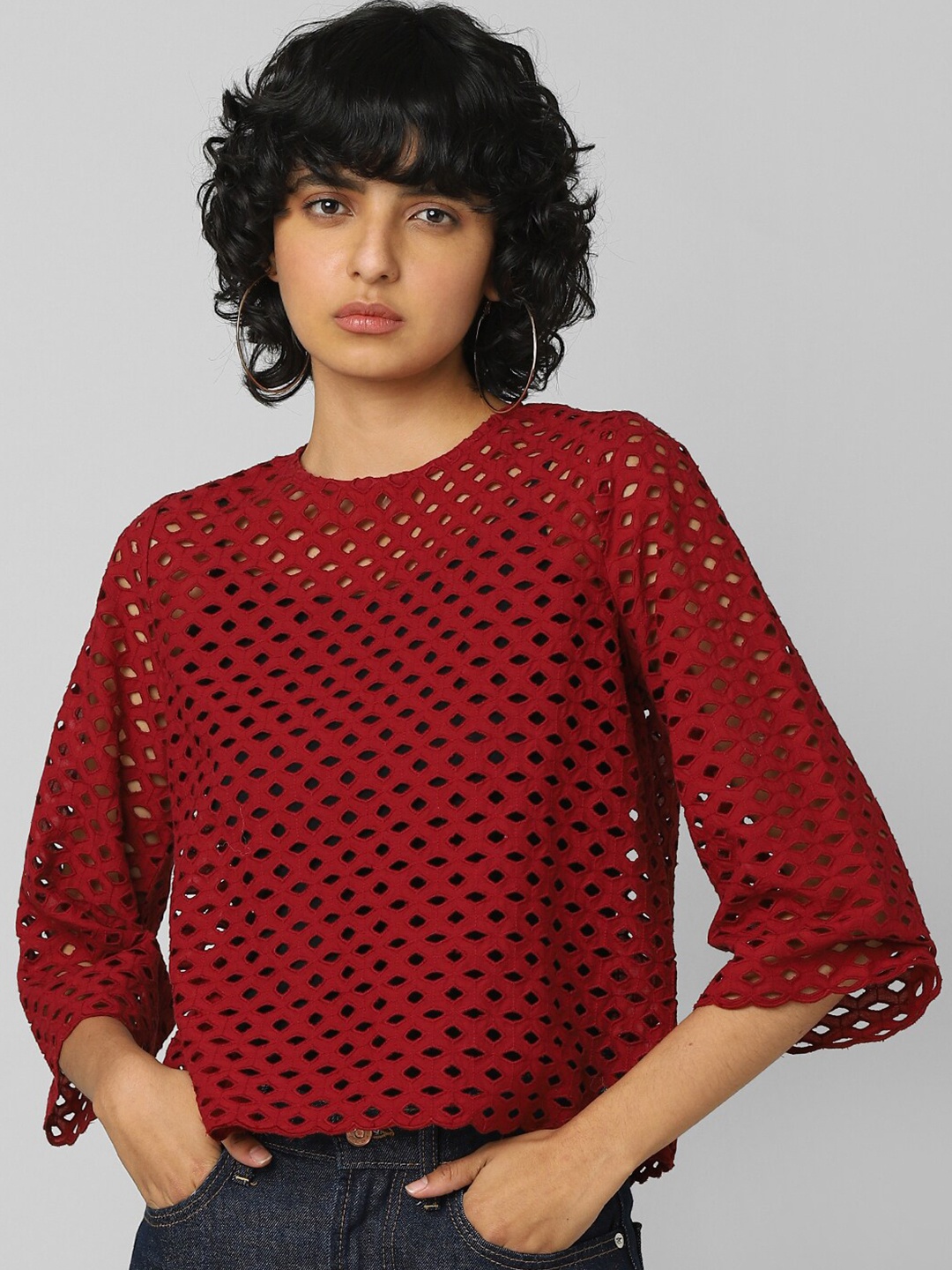 

ONLY Women Red Solid Self Design Top